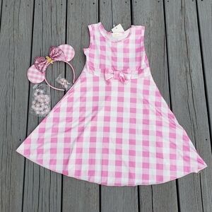 Pink and White Gingham Dress With Bow & Jewerly Set - Size 5T
